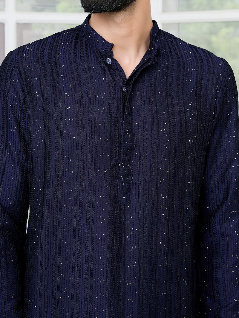 Navy Blue Embroidered Thread Work Sequin Chanderi Silk Straight Kurta