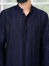 Navy Blue Embroidered Thread Work Sequin Chanderi Silk Straight Kurta