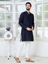 Navy Blue Embroidered Thread Work Sequin Chanderi Silk Straight Kurta