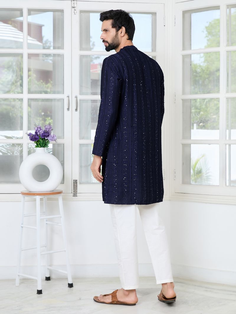 Navy Blue Embroidered Thread Work Sequin Chanderi Silk Straight Kurta