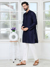 Navy Blue Embroidered Thread Work Sequin Chanderi Silk Straight Kurta