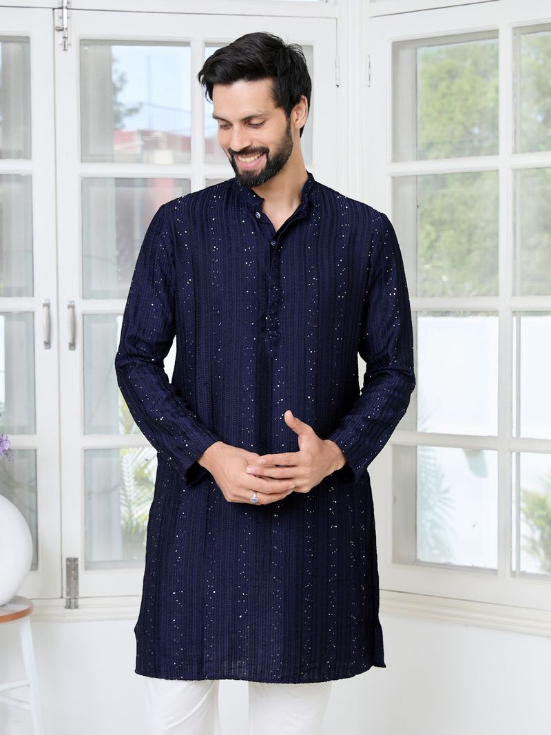 Navy Blue Embroidered Thread Work Sequin Chanderi Silk Straight Kurta