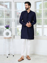 Navy Blue Embroidered Thread Work Sequin Chanderi Silk Straight Kurta