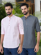 Men Pack Of 2 Pink & Grey Cotton Solid Short Kurta