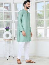 Pastel Green Embroidered Thread Work Sequin Chanderi Silk Straight Kurta