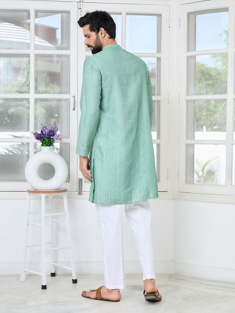 Pastel Green Embroidered Thread Work Sequin Chanderi Silk Straight Kurta