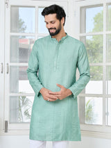 Pastel Green Embroidered Thread Work Sequin Chanderi Silk Straight Kurta