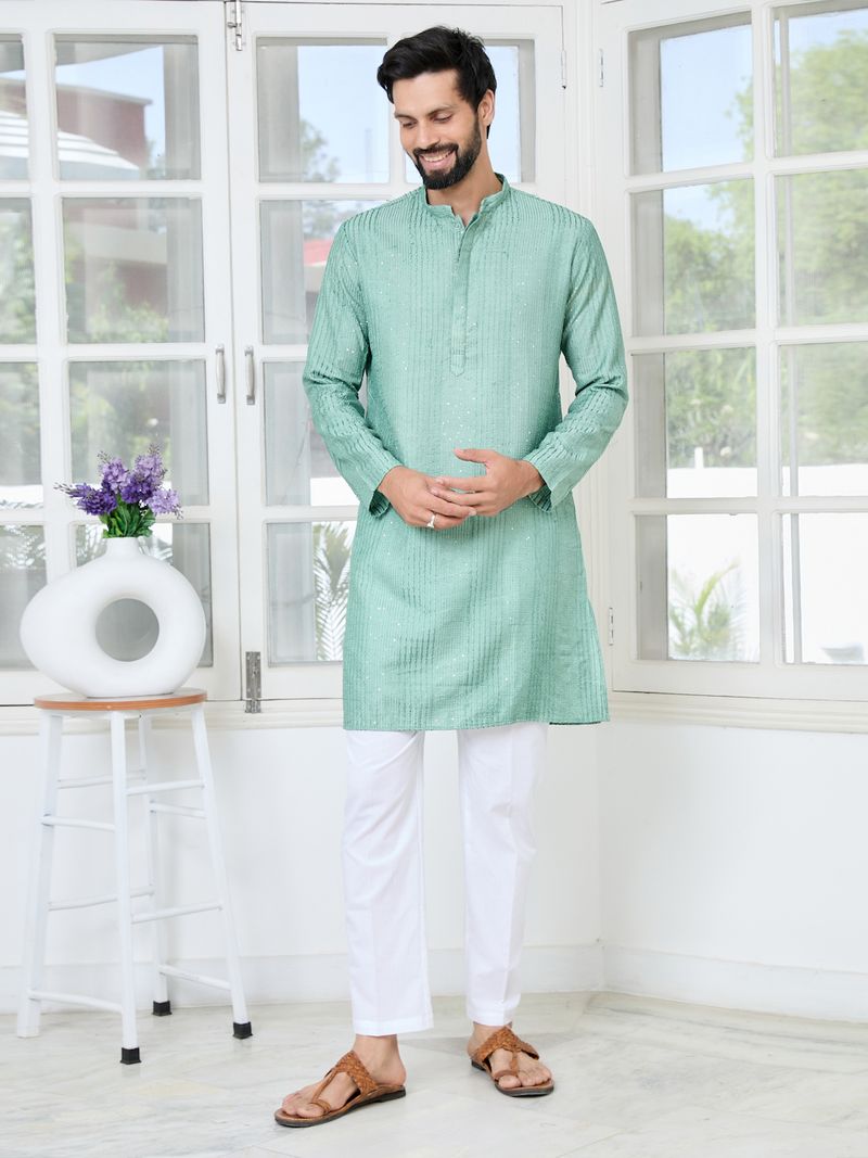 Pastel Green Embroidered Thread Work Sequin Chanderi Silk Straight Kurta