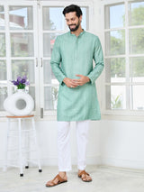 Pastel Green Embroidered Thread Work Sequin Chanderi Silk Straight Kurta