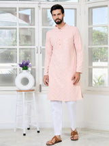 Peach Geometric Sequins Embroidered Thread Work Straight Kurta