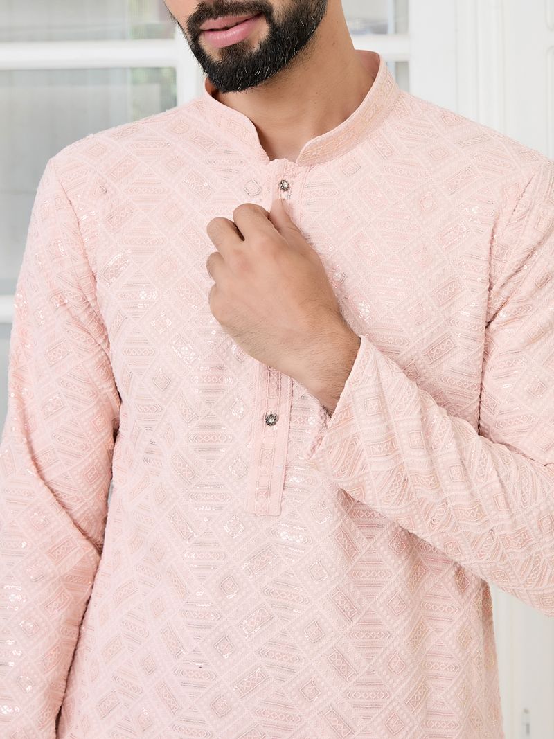 Peach Geometric Sequins Embroidered Thread Work Straight Kurta