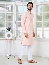 Peach Geometric Sequins Embroidered Thread Work Straight Kurta