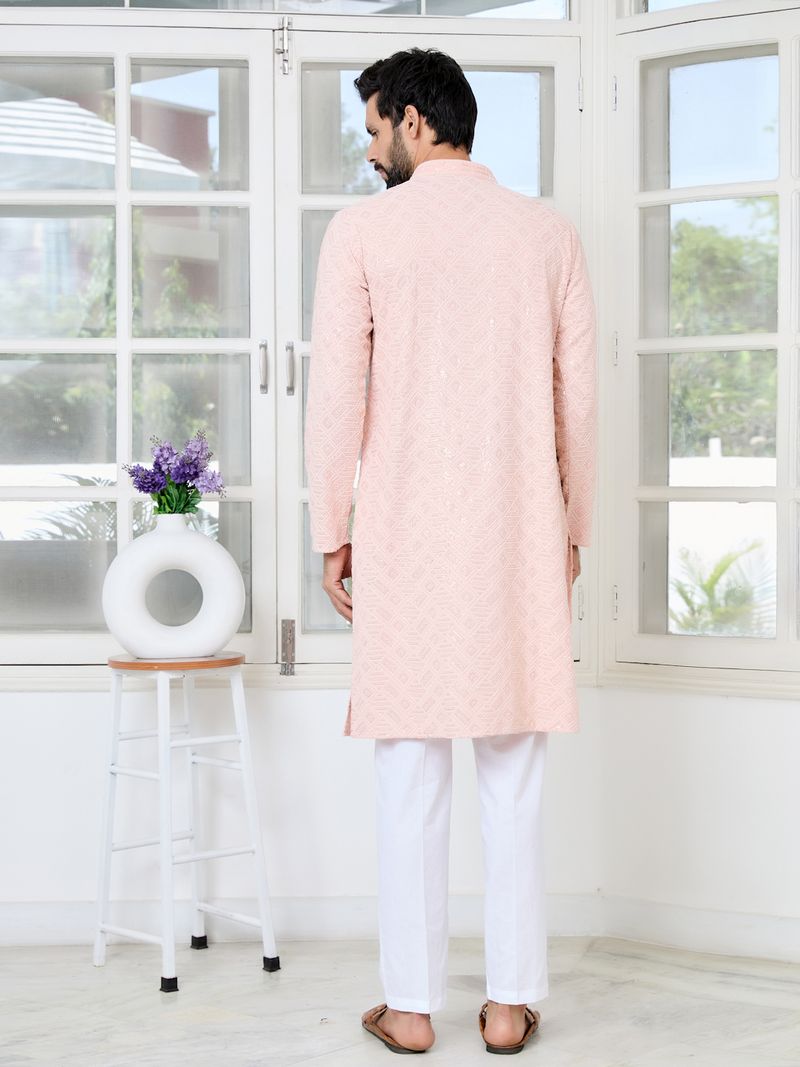 Peach Geometric Sequins Embroidered Thread Work Straight Kurta