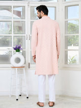 Peach Geometric Sequins Embroidered Thread Work Straight Kurta