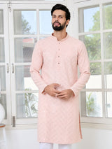 Peach Geometric Sequins Embroidered Thread Work Straight Kurta