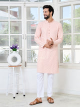 Peach Geometric Sequins Embroidered Thread Work Straight Kurta