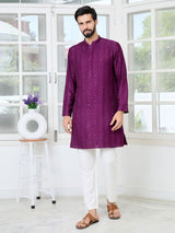 Purple Embroidered Thread Work Sequin Chanderi Silk Straight Kurta