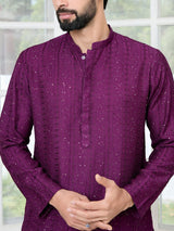 Purple Embroidered Thread Work Sequin Chanderi Silk Straight Kurta