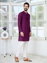 Purple Embroidered Thread Work Sequin Chanderi Silk Straight Kurta