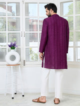 Purple Embroidered Thread Work Sequin Chanderi Silk Straight Kurta