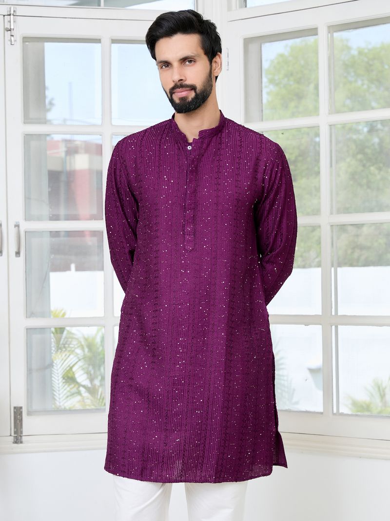 Purple Embroidered Thread Work Sequin Chanderi Silk Straight Kurta