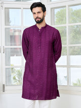 Purple Embroidered Thread Work Sequin Chanderi Silk Straight Kurta
