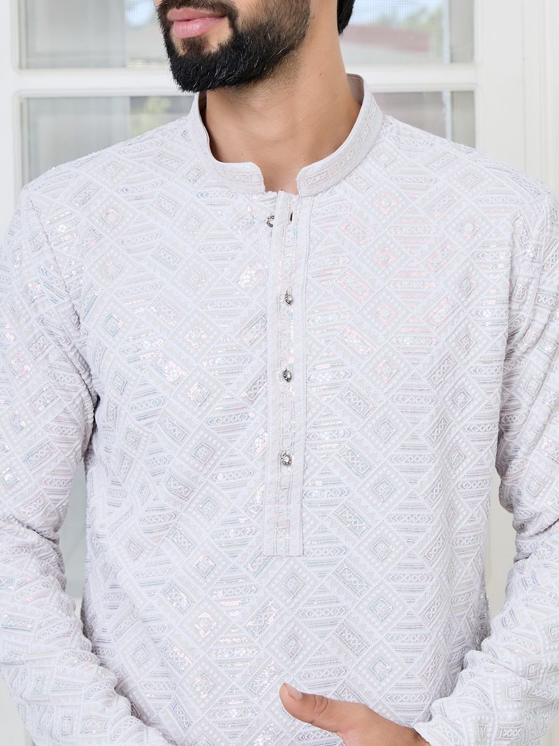 Purple Geometric Sequins Embroidered Thread Work Straight Kurta