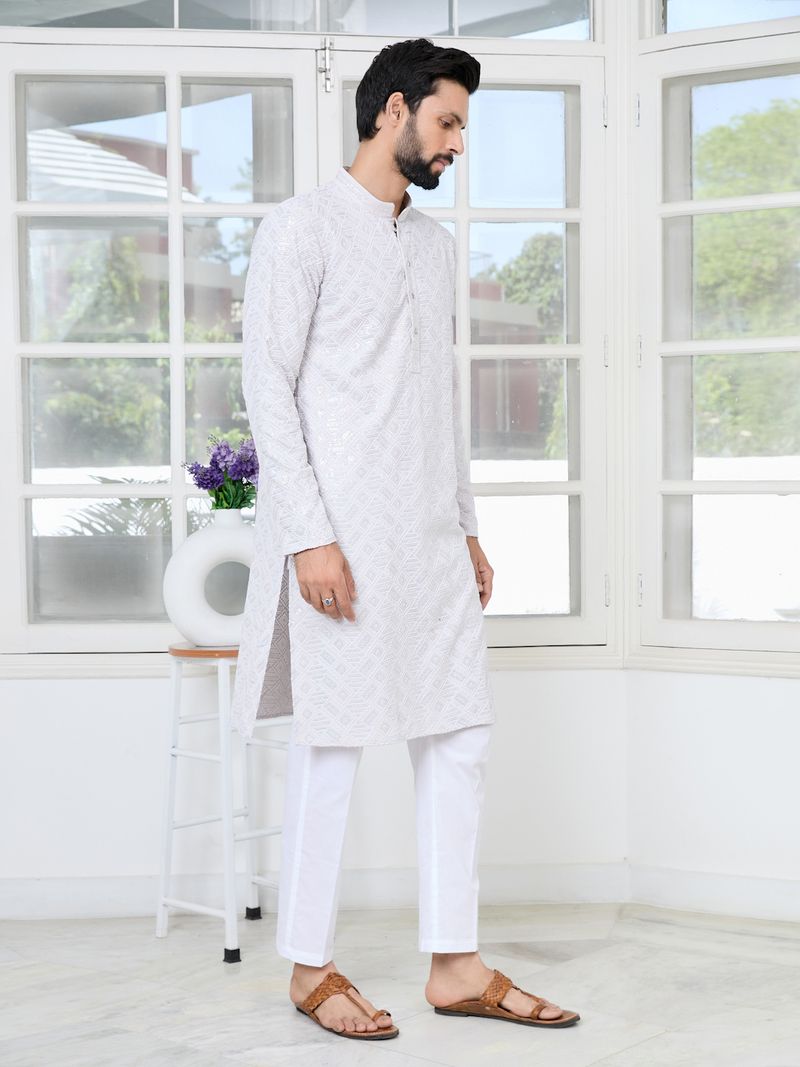 Purple Geometric Sequins Embroidered Thread Work Straight Kurta