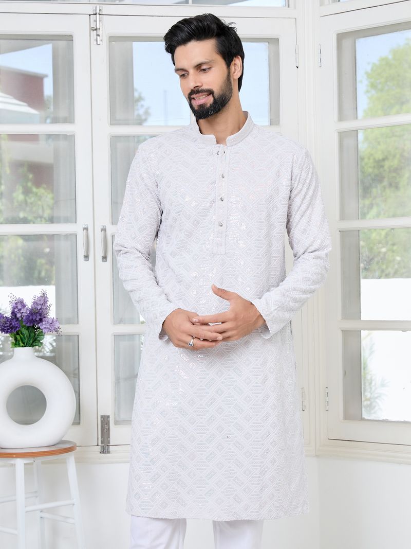 Purple Geometric Sequins Embroidered Thread Work Straight Kurta