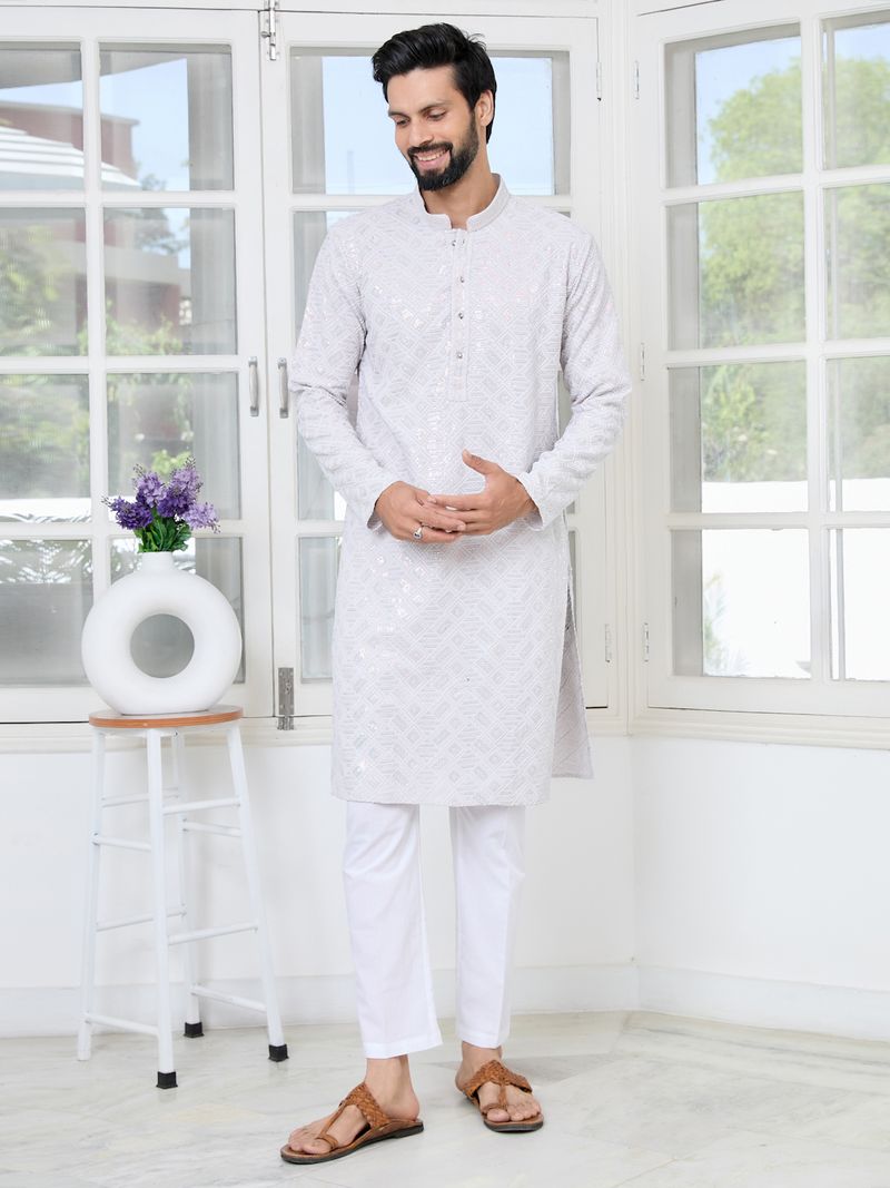 Purple Geometric Sequins Embroidered Thread Work Straight Kurta