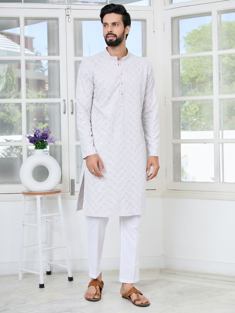 Purple Geometric Sequins Embroidered Thread Work Straight Kurta