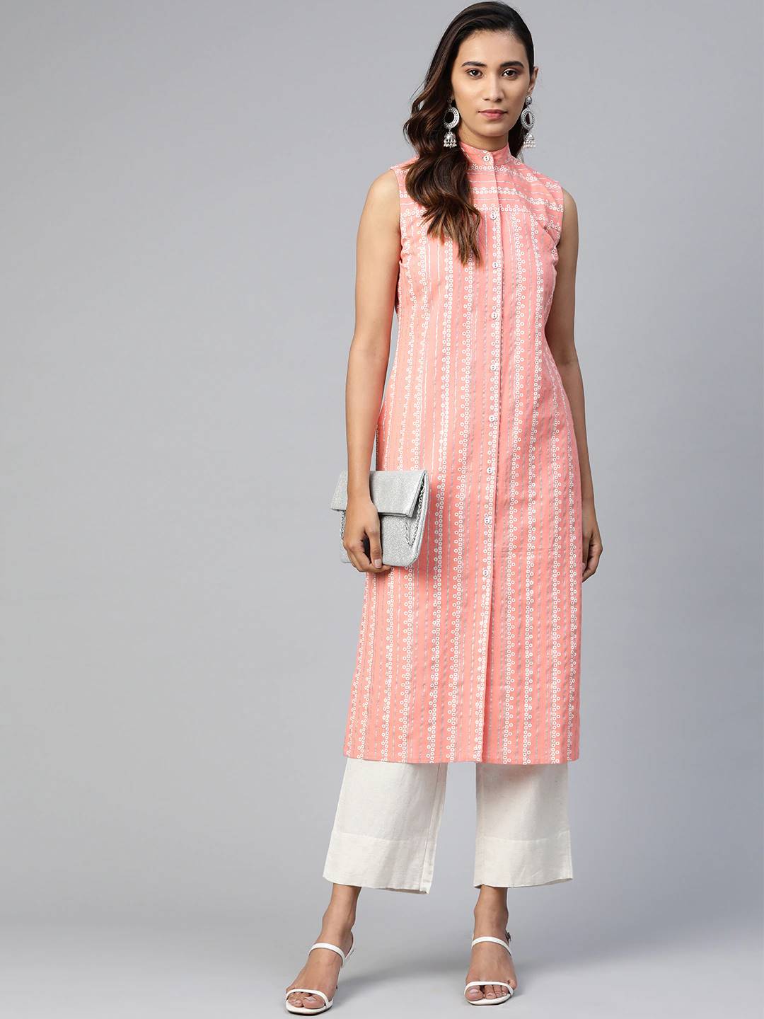 Women Peach & Off-White Khari Print Straight Kurti