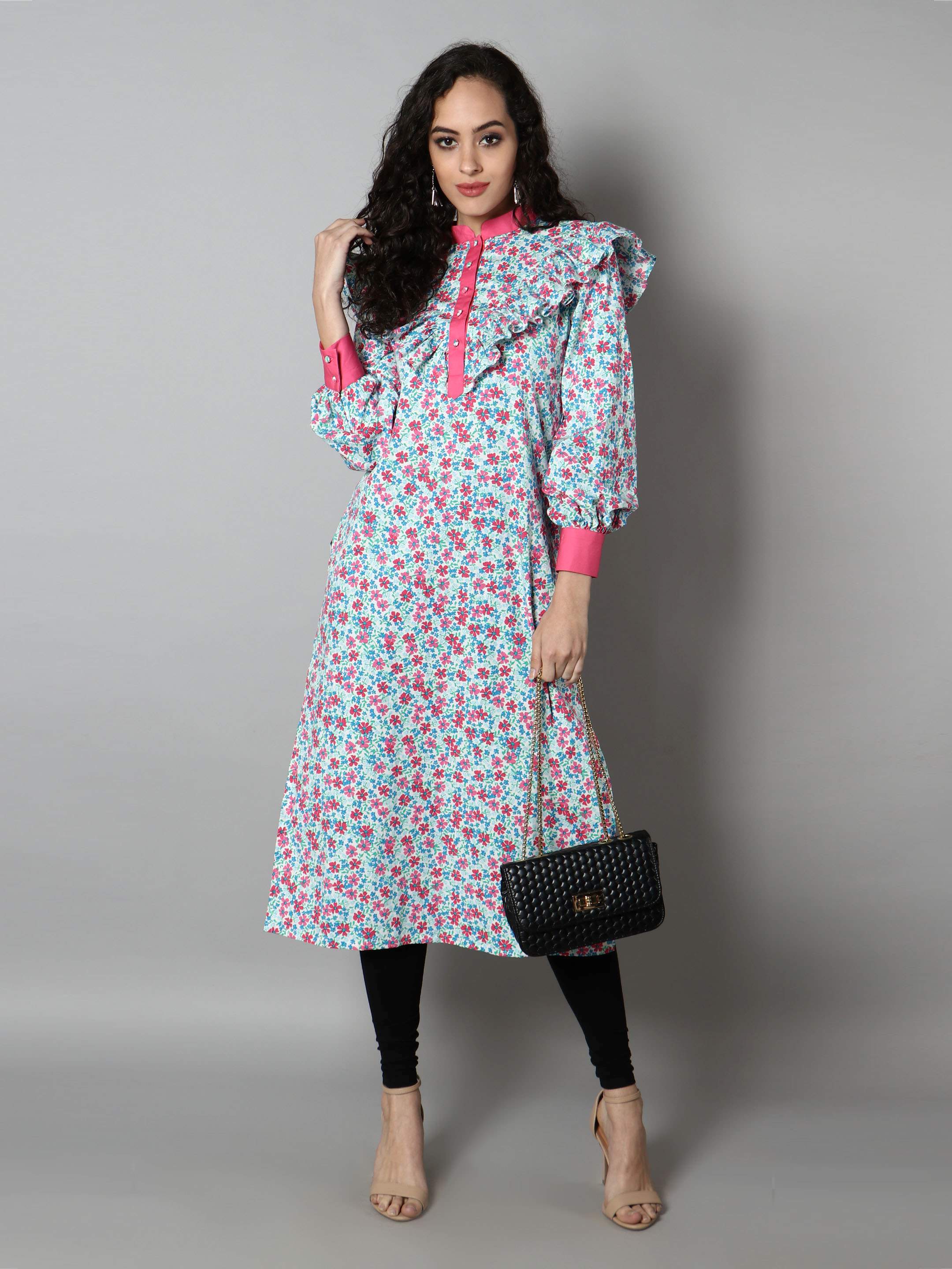 Women Pink and Blue Floral Print Kurti