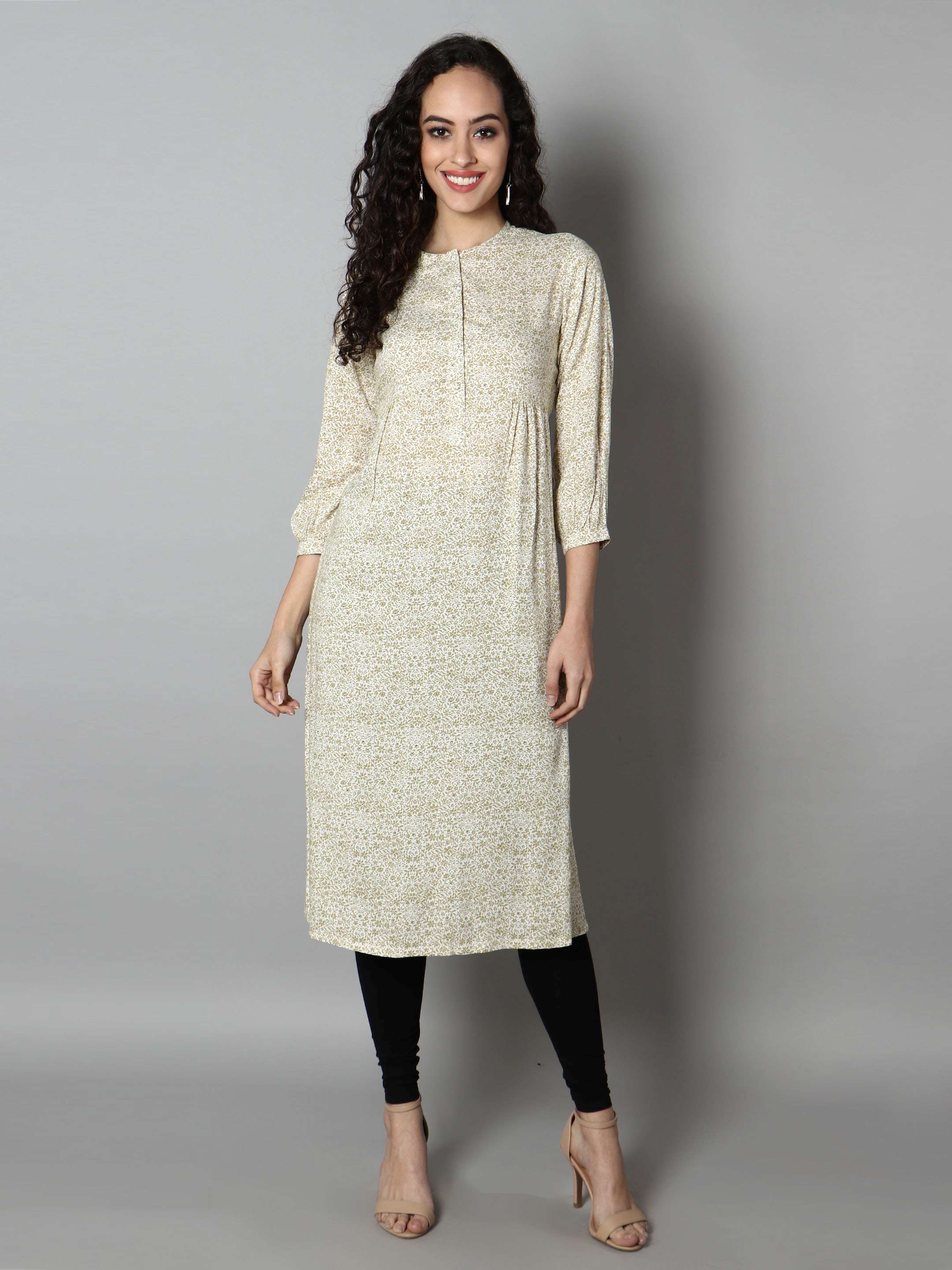 Women White, Green Floral Print Kurti