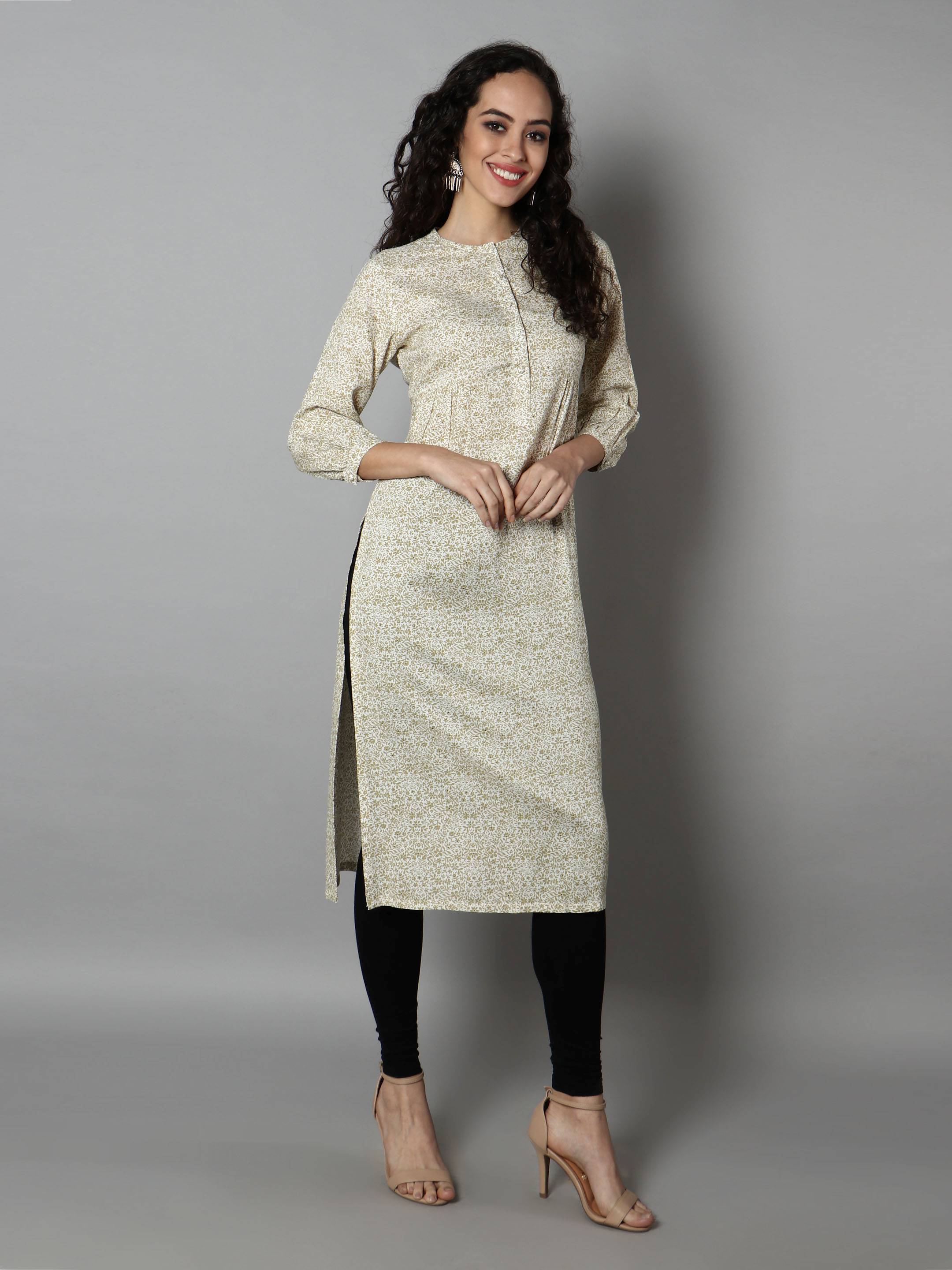 Women White, Green Floral Print Kurti