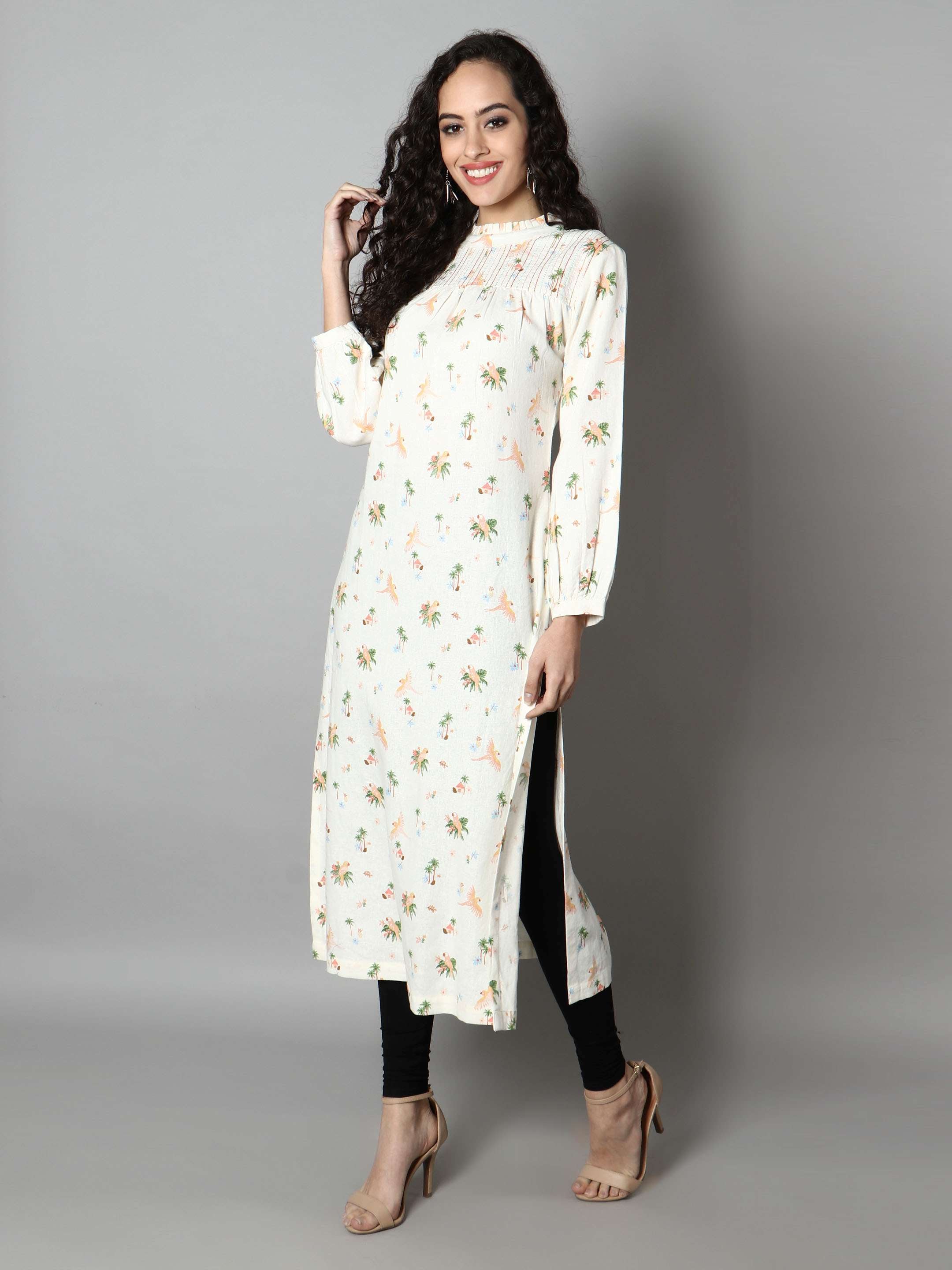 Women White Animal Print Kurti