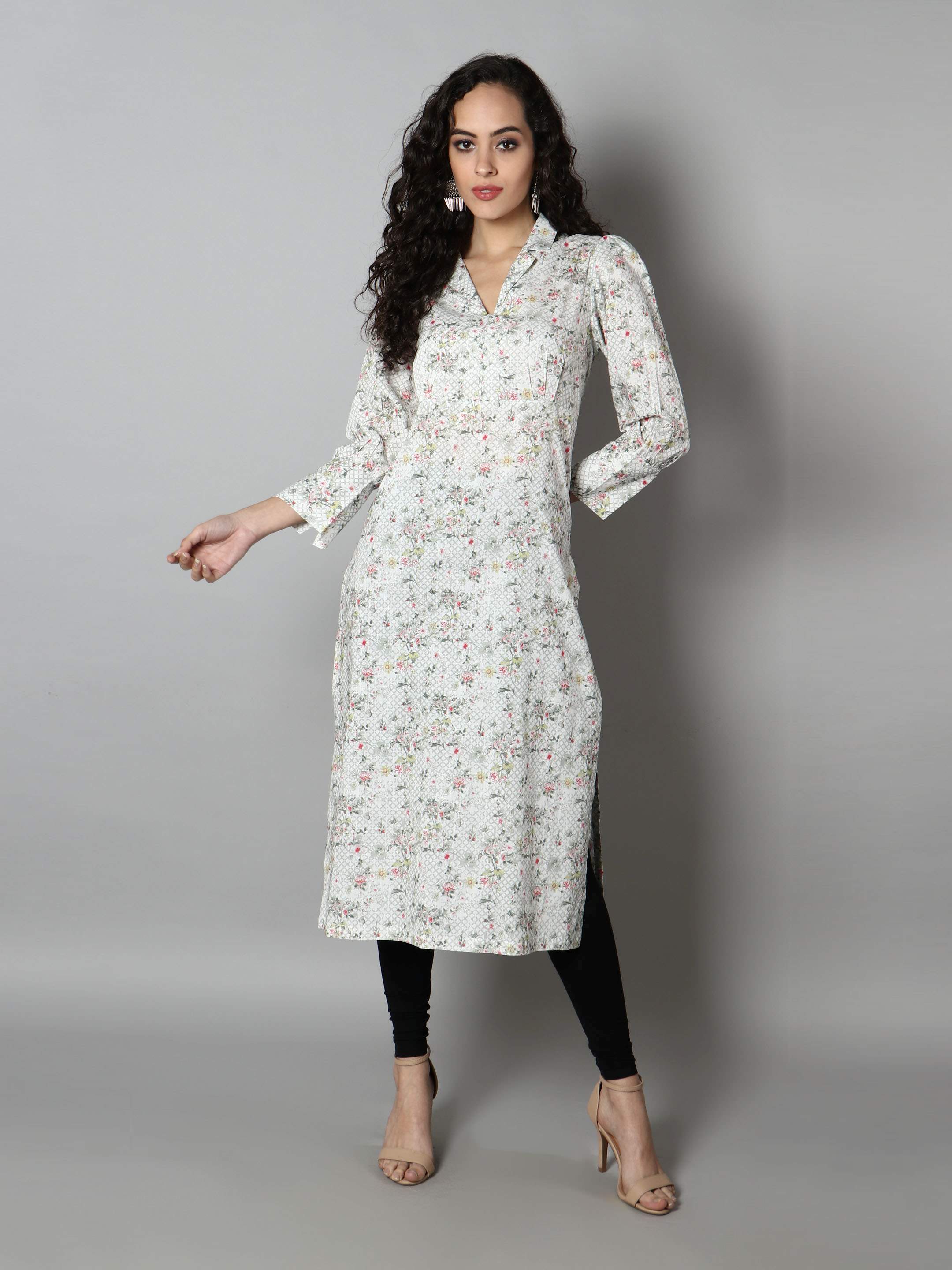 Women White Floral Print Kurti