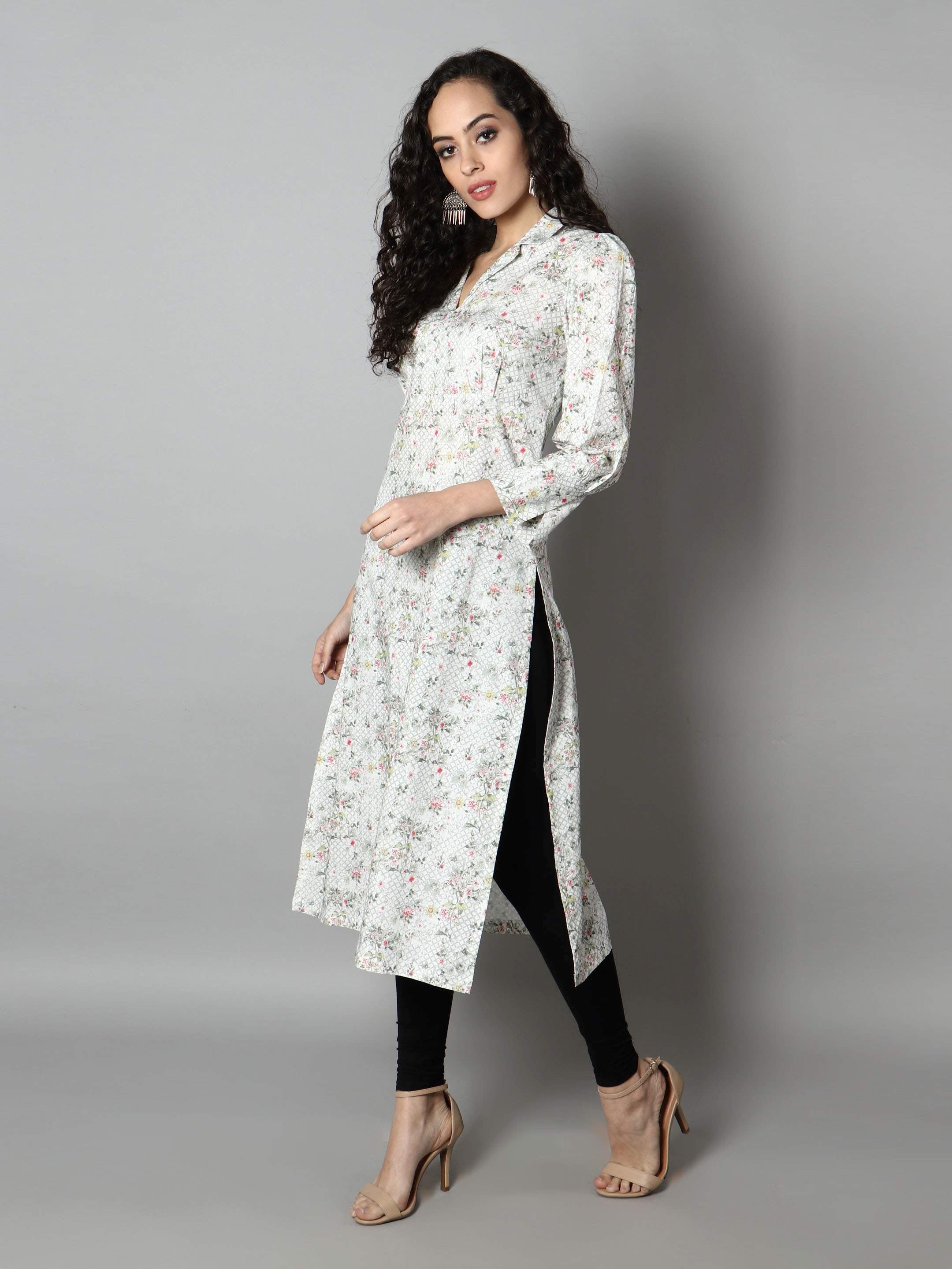 Women White Floral Print Kurti