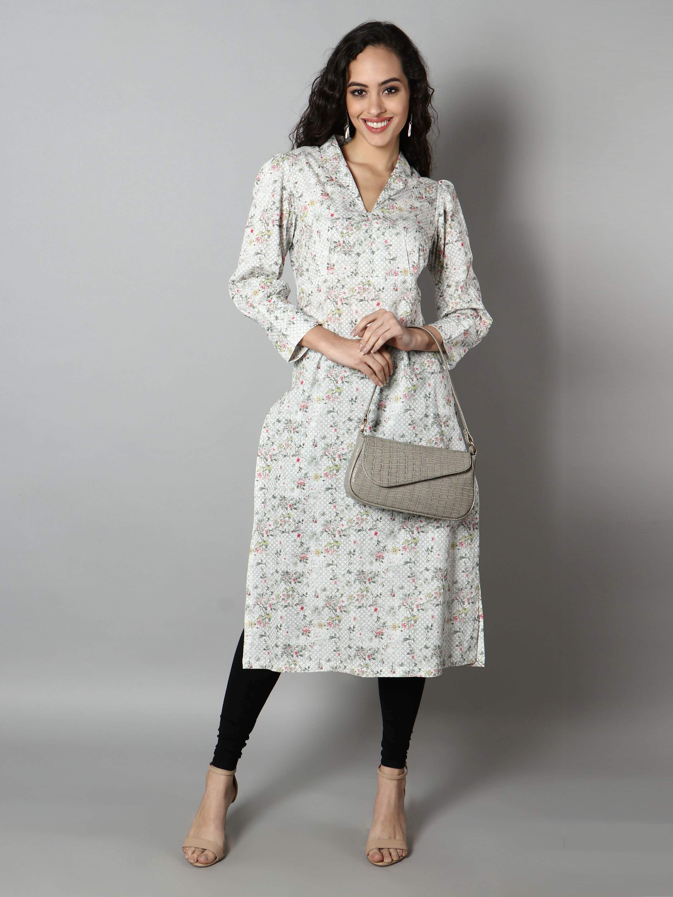 Women White Floral Print Kurti