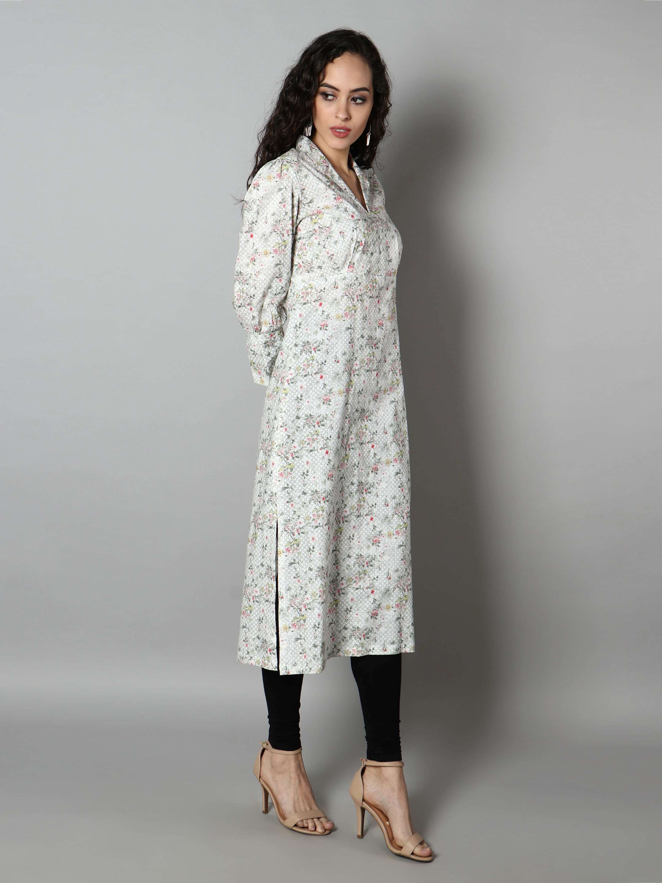 Women White Floral Print Kurti