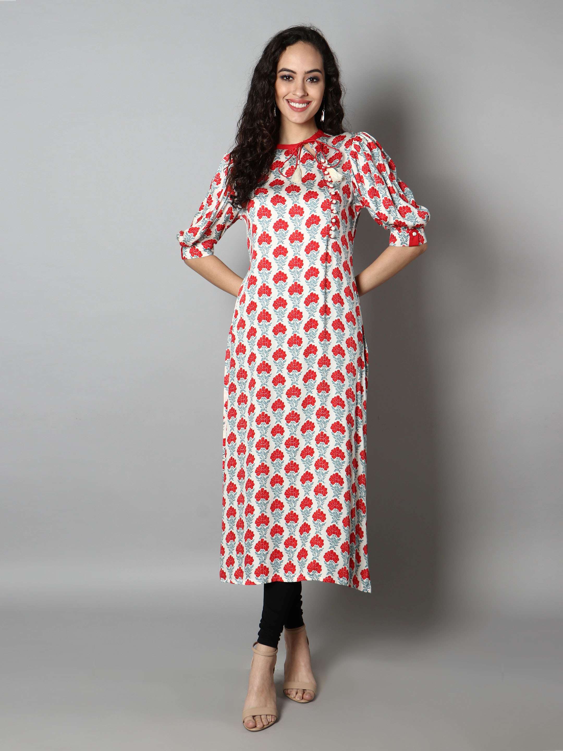 Women Crimson and White Floral Print Kurti