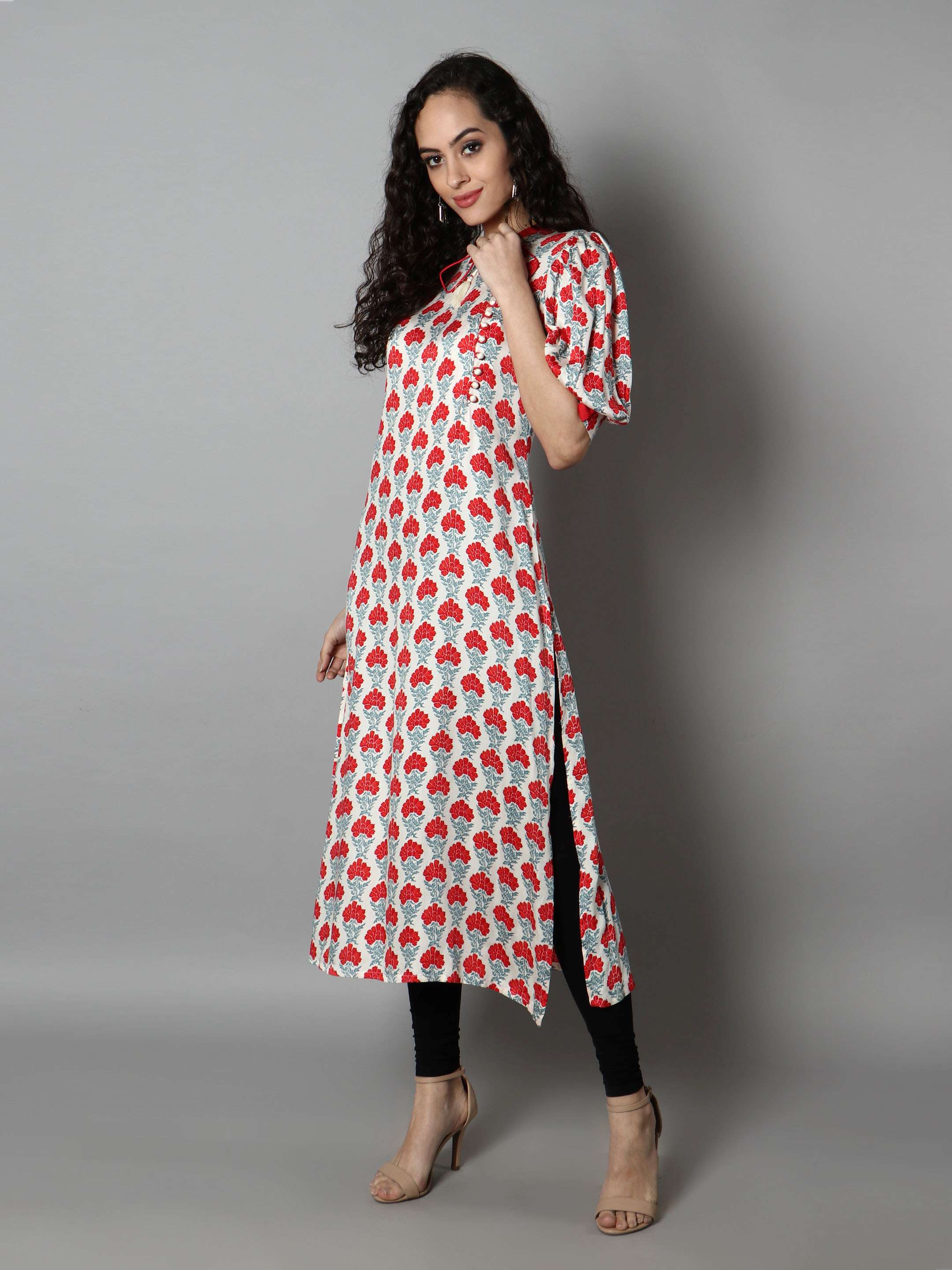 Women Crimson and White Floral Print Kurti