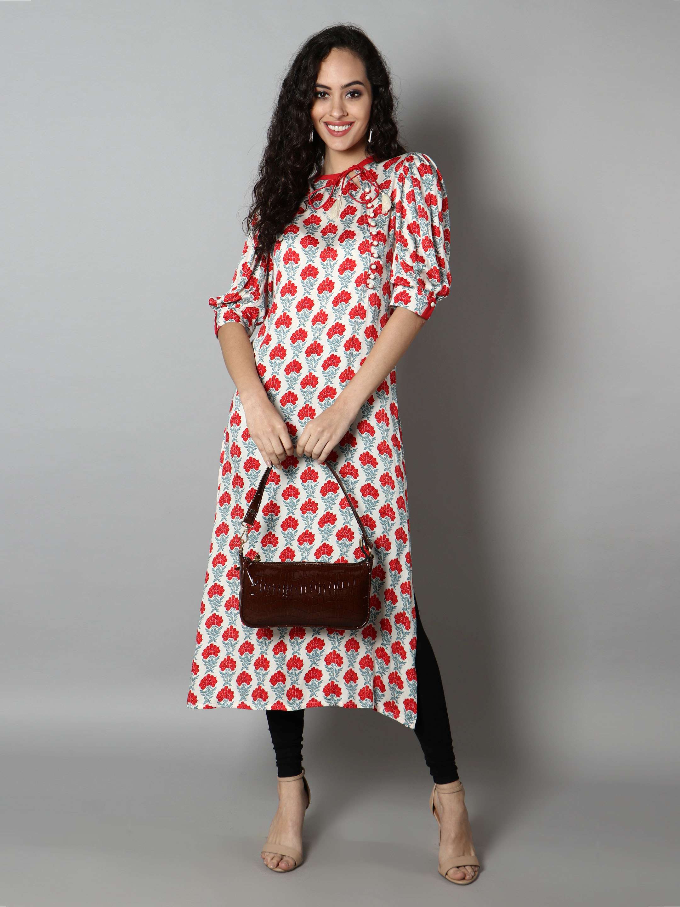 Women Crimson and White Floral Print Kurti