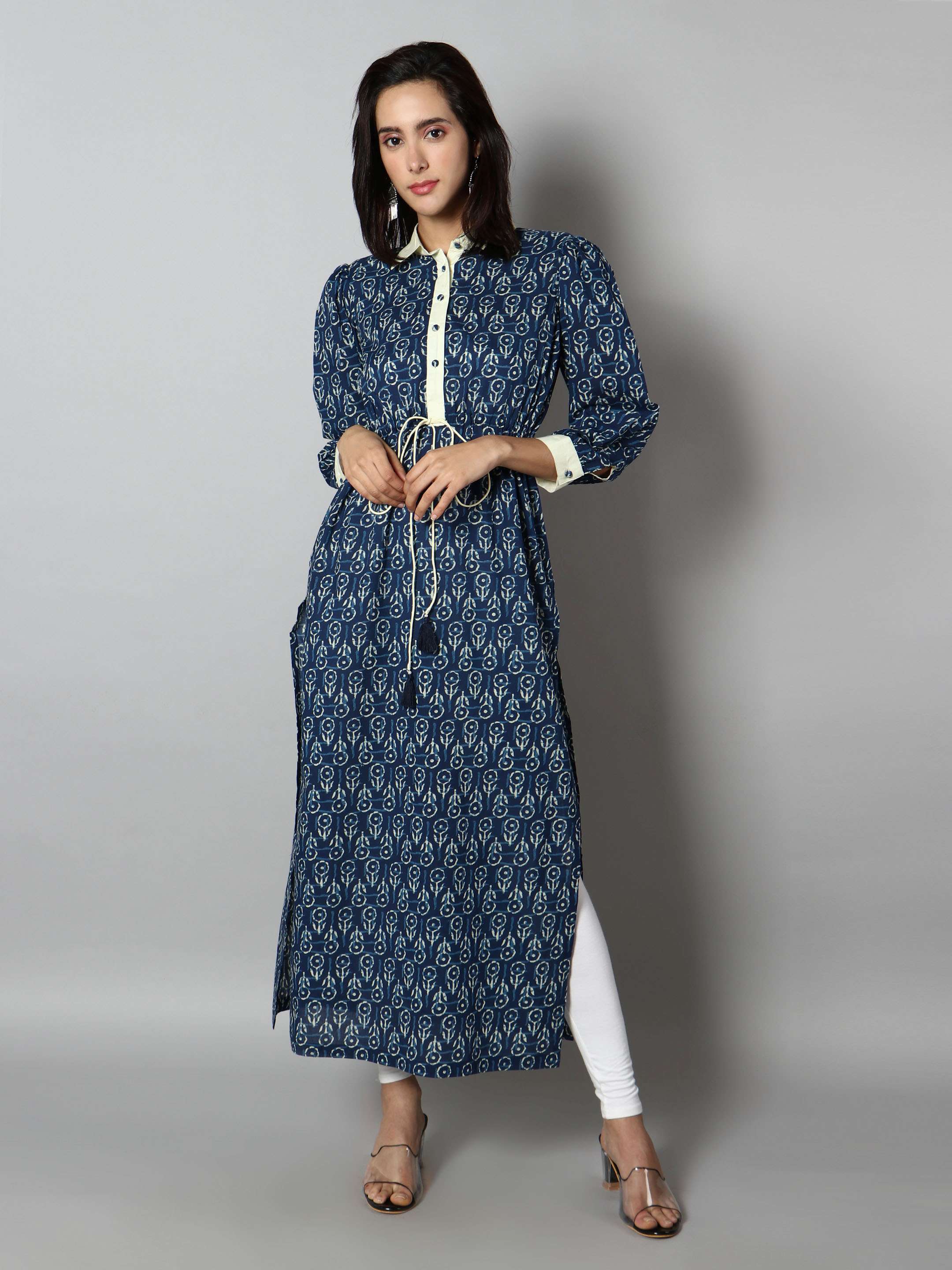 Women Navy Blue and White Abstract Print Kurti