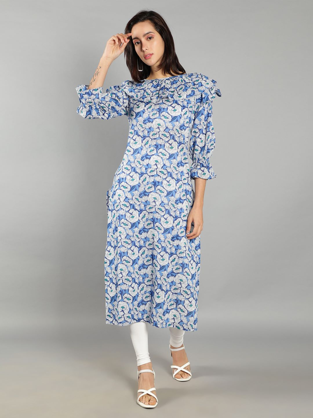 Women Blue, White Floral Print Kurti