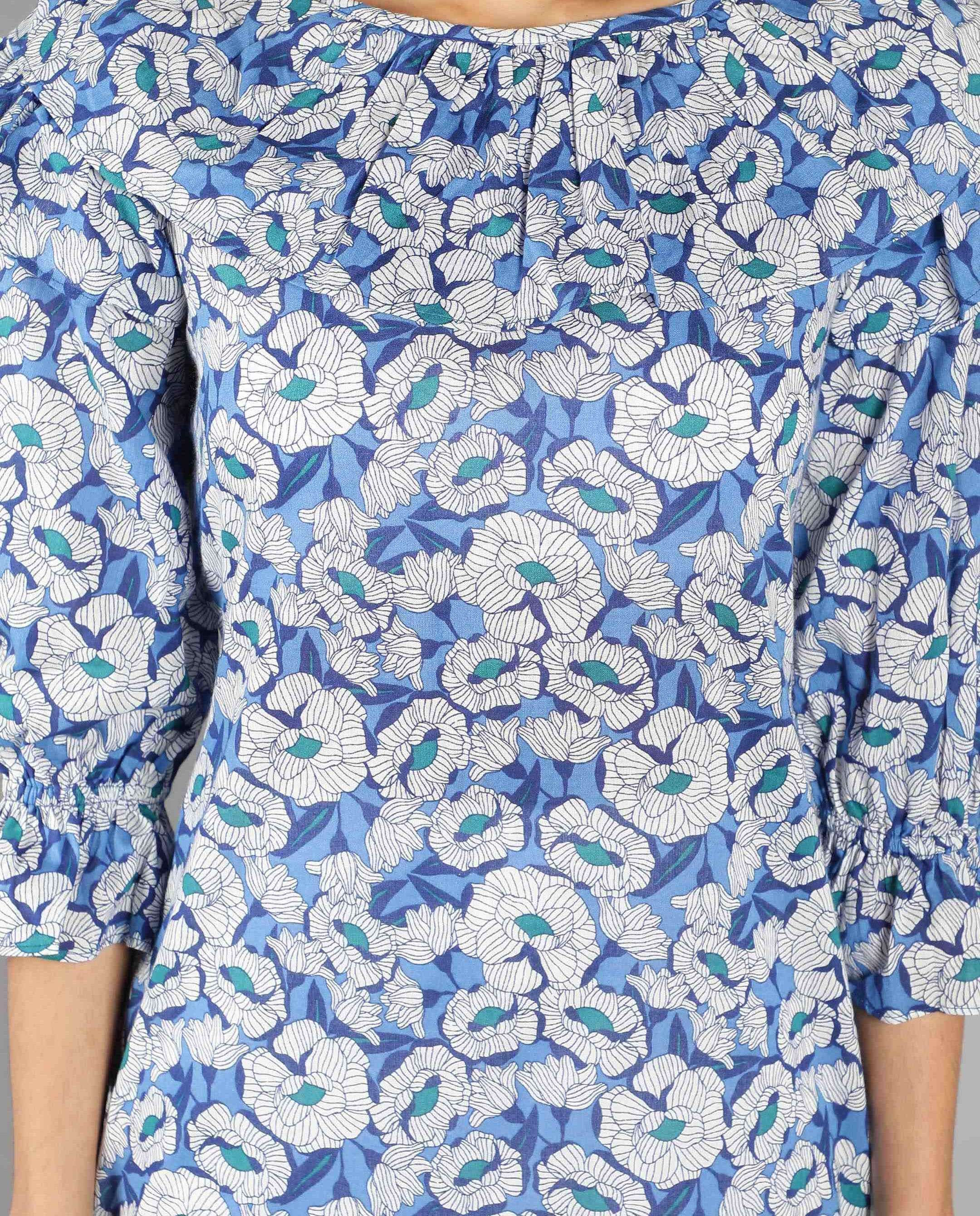 Women Blue, White Floral Print Kurti