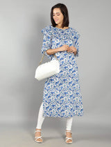 Women Blue, White Floral Print Kurti