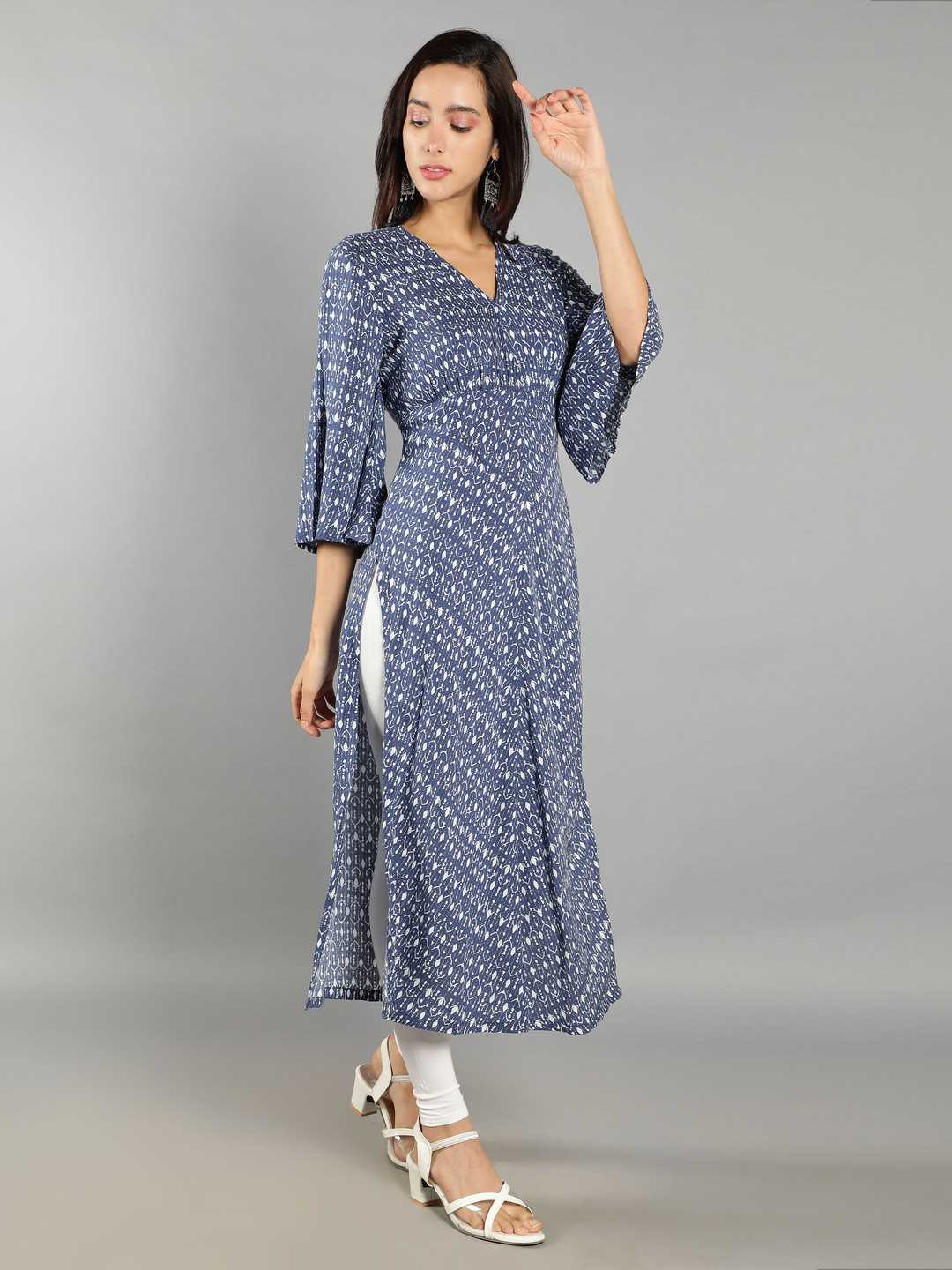 Women Indigo Blue and White Abstract Print Kurti