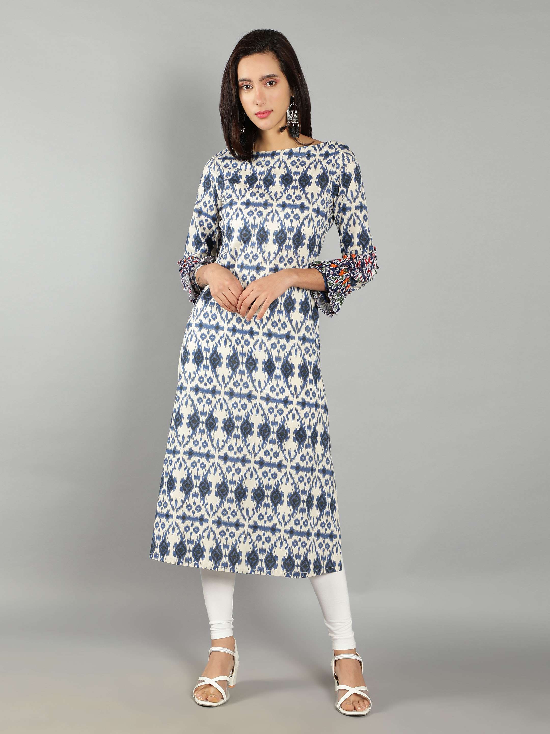 Women Blue and White Ikat Abstract Print Kurti