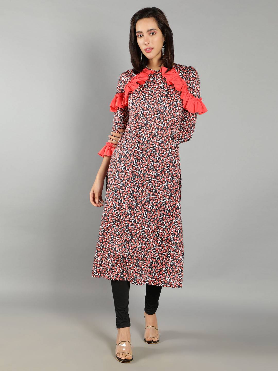 Women Red and Black Floral Print Kurti